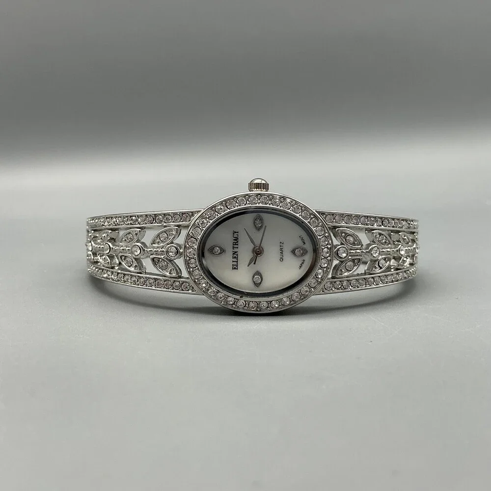 Ellen Tracy ETS048 Womens Watch 21mm MOP Dial Silver Tone Crystals New Battery